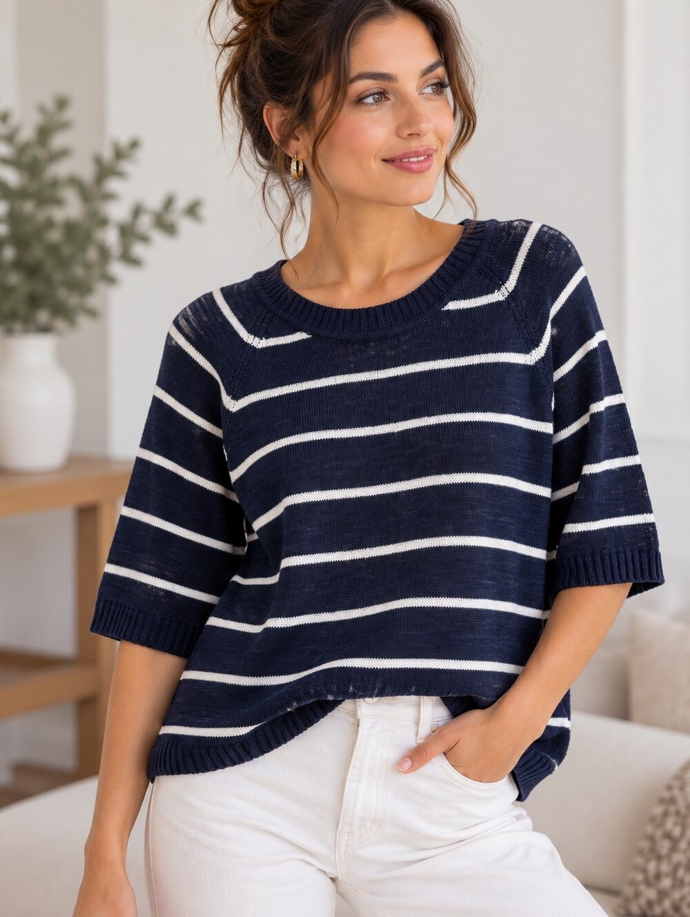 Wilt Striped Lightweight Knit Sweater NWT Organic Linen Cotton Size M